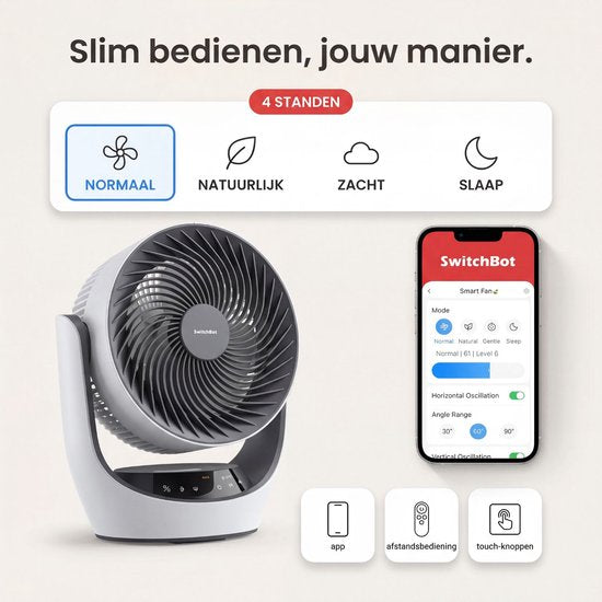 SwitchBot 22dB Draadloze Tafelventilator - Fluisterstille Oplaadbare USB Ventilator met App en Afstandsbediening - Stille Bureau Luchtcirculatie - 4 Standen & Timer - Wit
