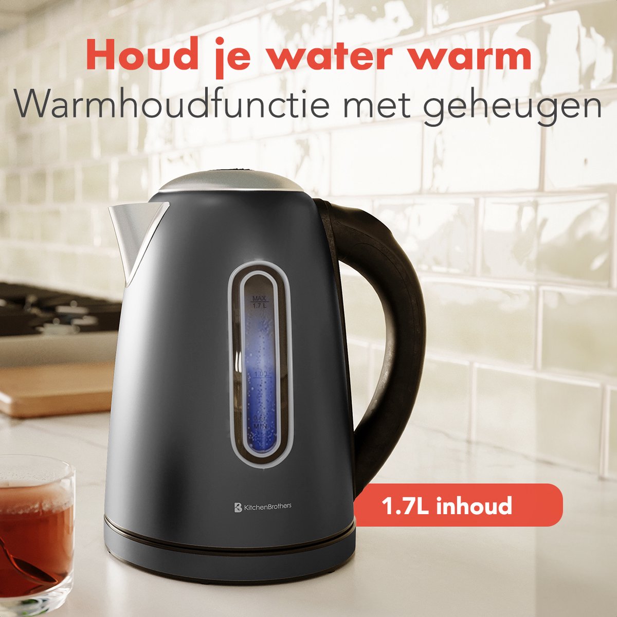 KitchenBrothers Waterkoker - Met Temperatuurregeling - Elektrisch - Met Kalkfilter - 1,7L - Zwart/RVS