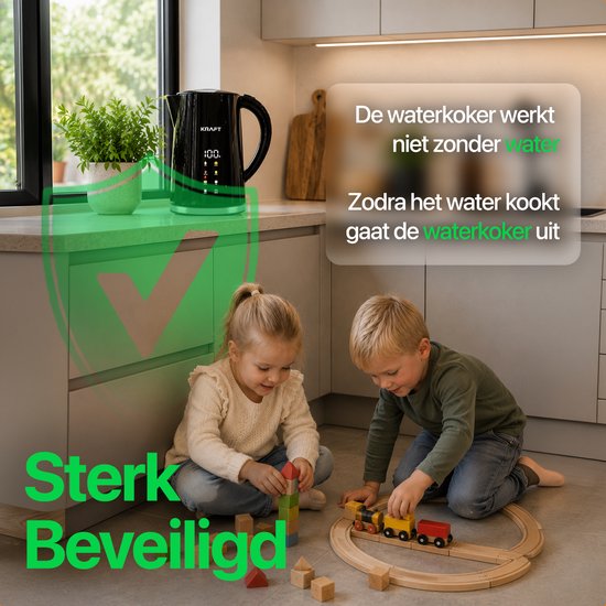 KRAFT Waterkoker met Temperatuurregeling - 1,7 Liter - LED Touch - Zwart - 2200W