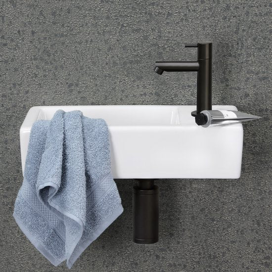 Differnz Helios fonteinset - 37,5x18,5x9,5 cm - Rechthoek - 1 kraangat rechts - Recht matte zwarte kraan - Wit