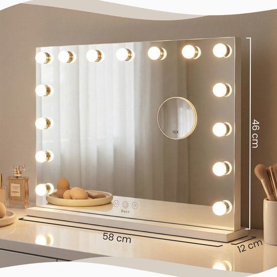 Bayt Hollywood Spiegel met verlichting - Make Up Spiegel met Verlichting - Spiegel Met Verlichting - Dimbaar - 10x Vergroting - 58x46cm - Wit