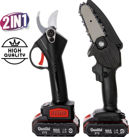 Qualitá® Elektrische Snoeischaar - 2 in 1 Mini Kettingzaag - Bloemenschaar, Takkenschaar, Heggenschaar Elektrisch - 2 Accu's met Acculader - Incl. Opbergbox Tuin gereedschap
