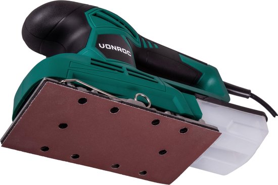 VONROC Vlakschuurmachine 240W – 90x187mm - Met stofopvangbox & 12 stuks schuurpapier