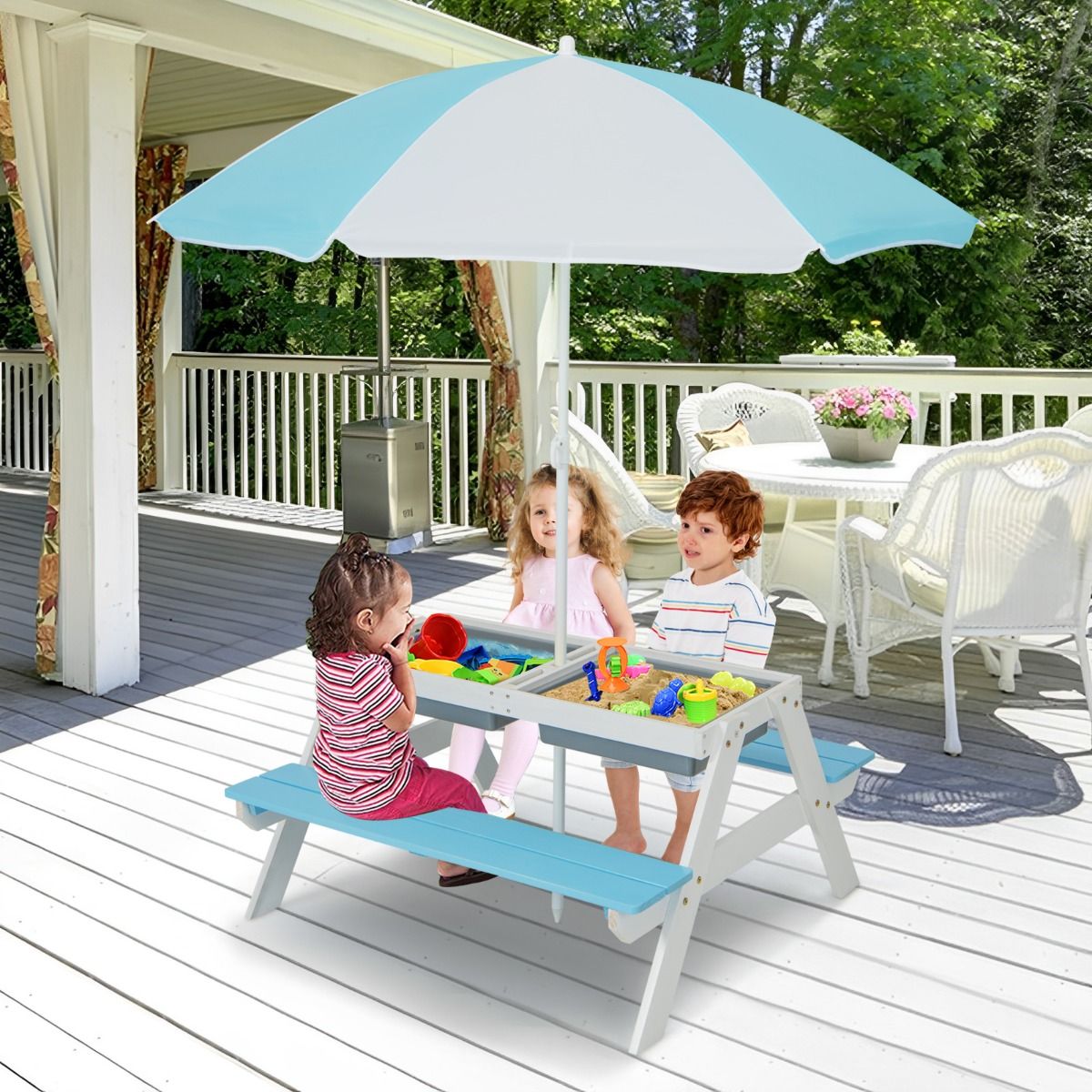 Coast 3-in-1 Kinderpicknicktafelset - met parasol en banken - multicolor