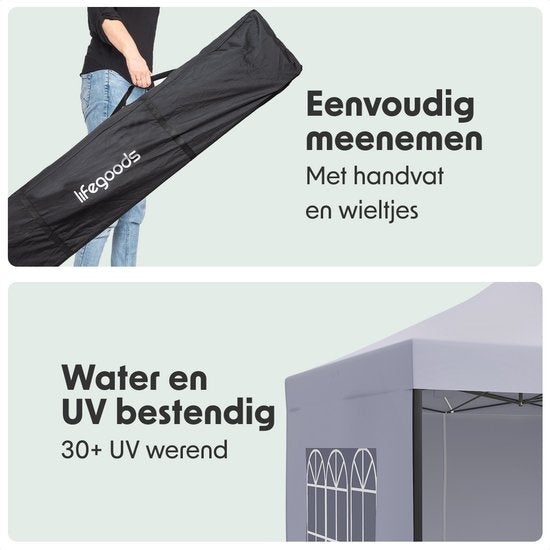 LifeGoods Partytent - Paviljoen - Easy Up - Opvouwbaar - Met Zijwanden - Waterdicht - Met Draagtas Met Wieltjes - 292 x 292 cm – Donkergrijs