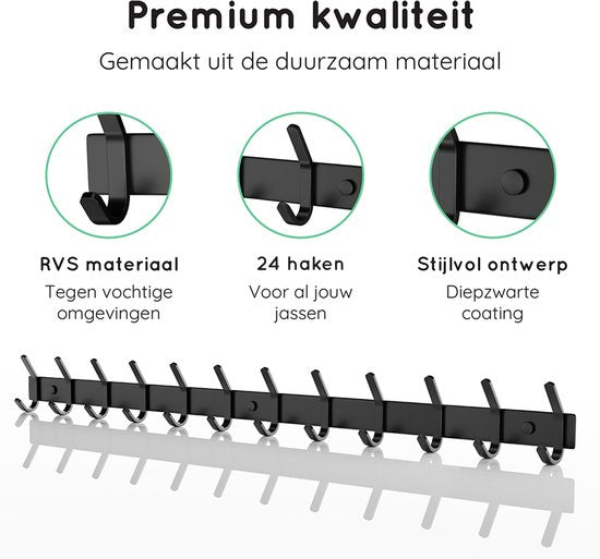 Volcan Wandkapstok - 24 Haken - Muur Kapstok Hangend met 3M Tape - Industrieel - Zwart RVS