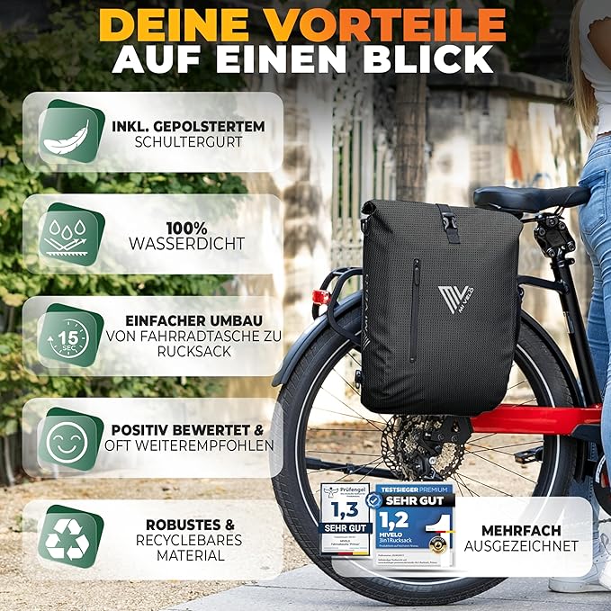 MIVELO 3-in-1 Fietstas – Rugzak & Schoudertas – Waterdicht – Met Laptopvak – 20L – Zwart Reflecterend