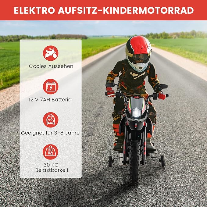 Coast Elektrische Motorfiets 12V voor Kinderen met 2 Zijwielen - 3-8 Jaar - Zwart/Rood