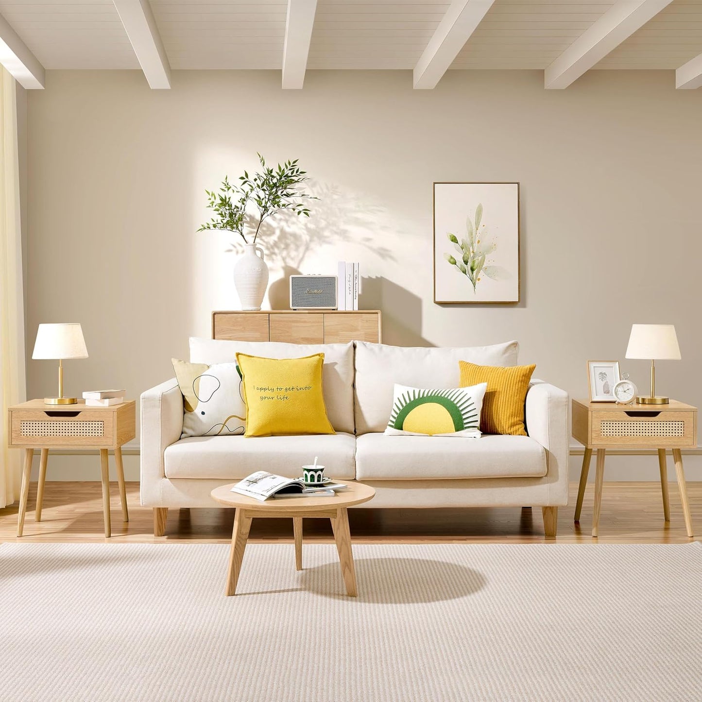 Yaheetech Nachtkastje met Rotan Lade – Lichtbruin – 48,5 x 41 x 57,5 cm – Houten Poten