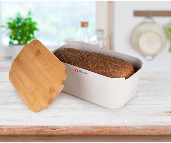 alpina Brood Opbergdoos 33x18,5x12 cm – Brooddoos Met Bamboe Deksel – Deksel Ook Als Snijplank – Compact Formaat – Voor Bewaren Van Brood – Keukenaccessoire