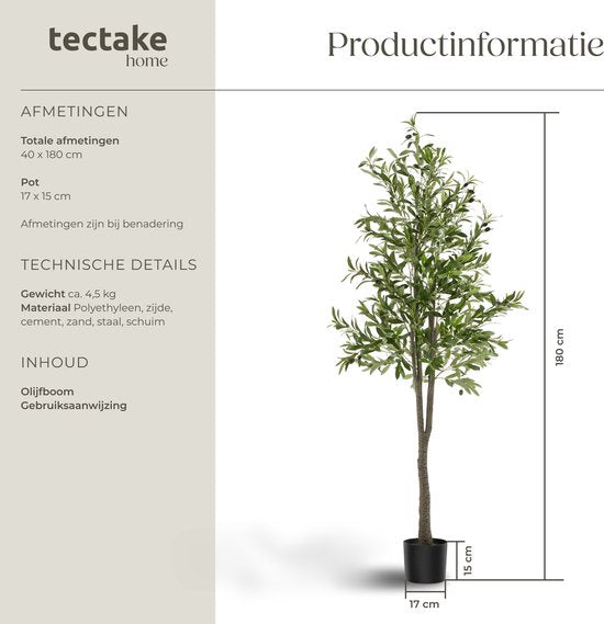 tectake® Kunstmatige Olijfboom Oleand – Mediterrane Kunstplant met Realistische Bladeren en Olijven – Onderhoudsvriendelijk en Veelzijdig – Inclusief Stevige Bloempot – Hoogte: 180 cm