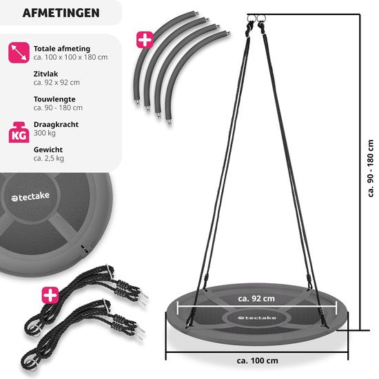 tectake® - Nestschommel - Mandschommel draagvermogen van max. 300 kg - Schommel voor kinderen en volwassenen - Tuinschommel voor buiten of hangstoel voor binnen - Speelgoed voor in de tuin of kinderkamer - Ø 100 cm