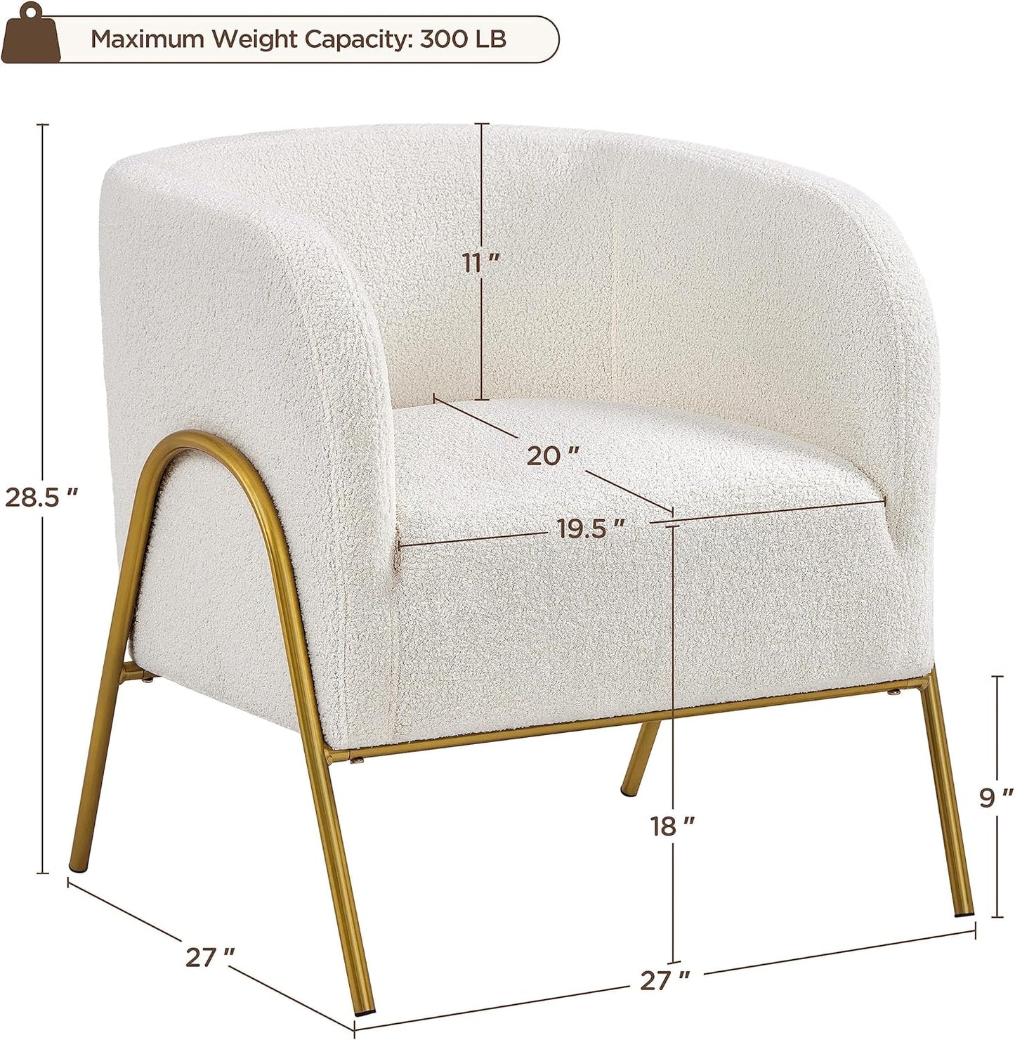 Yaheetech Accentstoel Luxe Barrelstoel Boucle - Gouden V-Poten - Ivoor - 69x69x72 cm