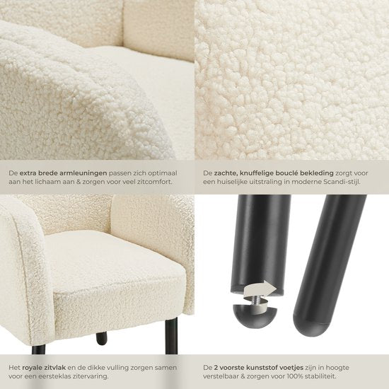 tectake® - Fauteuil Vänersborg - Dik gestoffeerde relaxstoel met bouclé-bekleding - Lounge stoel met brede armleuningen en ergonomische rugleuning - In hoogte vertelbare poten met vloerbescherming - Beige / crème