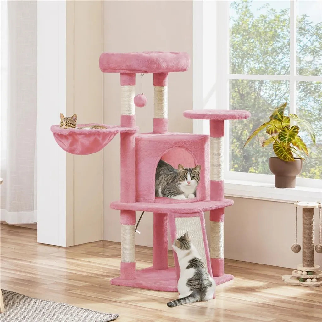 Yaheetech Krabpaal met Kattenhuis en Ligplatform - Lichtroze - 43,5 x 43,5 x 106 cm