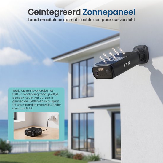 Gologi Solar Premium Beveiligingscamera voor buiten - 10.400 mAh - 2.5K - Nightvision - Bewegingsdetectie - Bewakingscamera - Zonnepaneel - Draadloos - USB-C - WiFi en App - Zwart