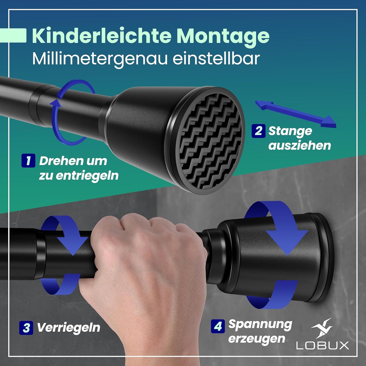 LOBUX® - Gordijnstang zonder boren [zwart, 110-250cm] - telescopische stang gordijn uitschuifbaar - douchestang zonder boren - gordijnstang, douchegordijnstang, kledingstang, klemstang kattennet
