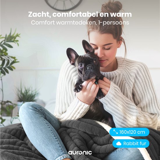 Auronic Elektrische Deken - 160 x 120cm - Warmtedeken - 1 Persoons - 3 Warmtestanden - Pluche - Verwarmingsdeken - Antraciet