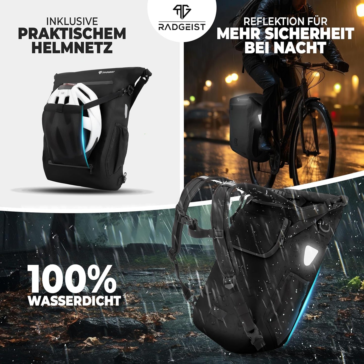RADGEIST 3in1 fietstas voor bagagedrager I fietstas, rugzak & schoudertas 18-22L I tas voor fiets 100% waterdicht zwart