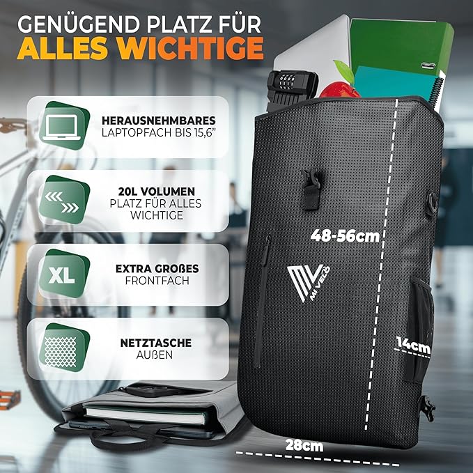 MIVELO 3-in-1 Fietstas – Rugzak & Schoudertas – Waterdicht – Met Laptopvak – 20L – Zwart Reflecterend