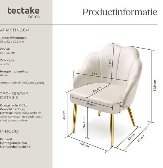 tectake® Cocktailstoel - Gestoffeerd met fluwelen bekleding - Zachte vulling - Gewelfde rugleuning - Stalen poten met poedercoating - Crème/Goud