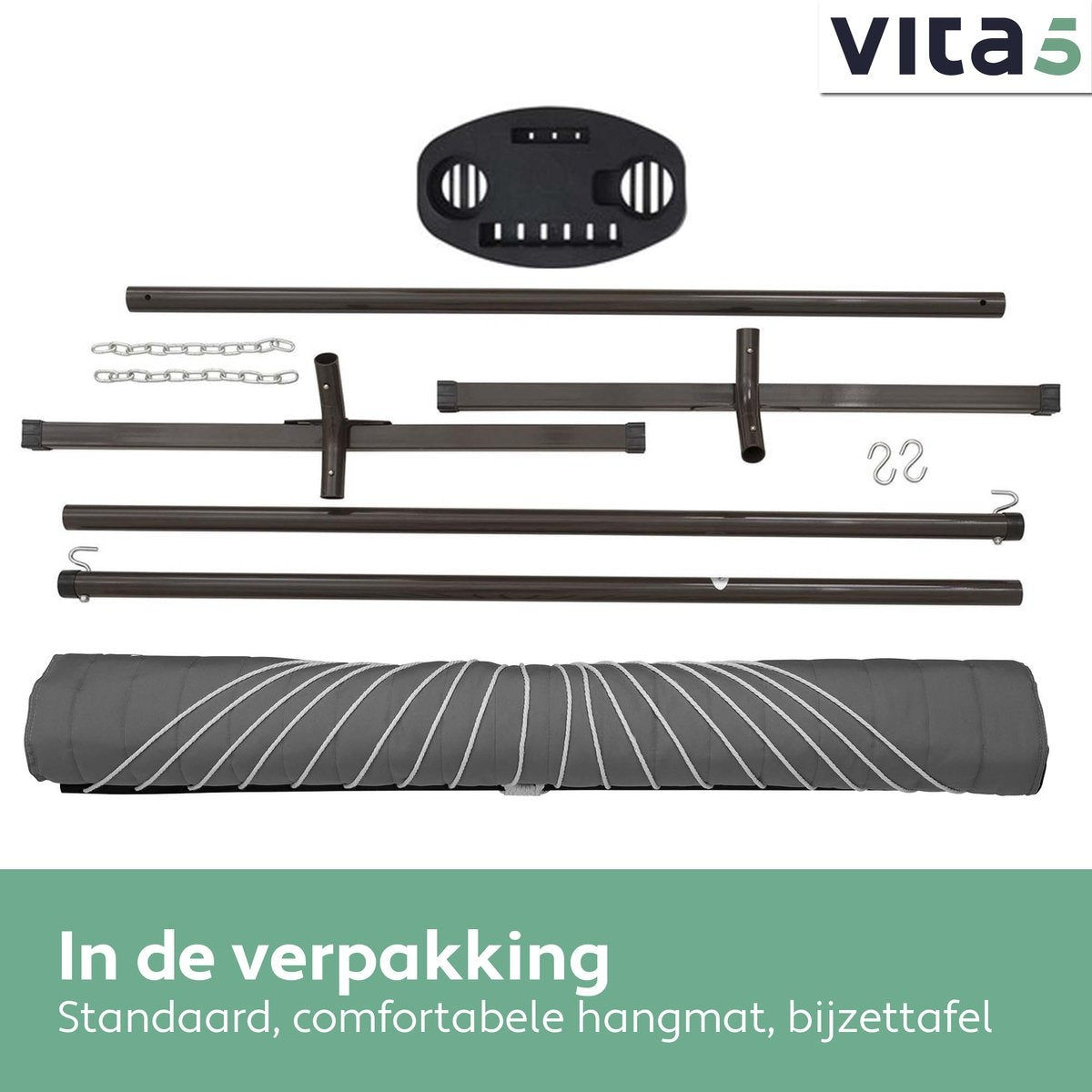 Vita5 Hangmat met Standaard en Spreidstok – 2 Persoons – incl. Bekerhouder - Afneembaar kussen – uv-bestendig – Donkergrijs