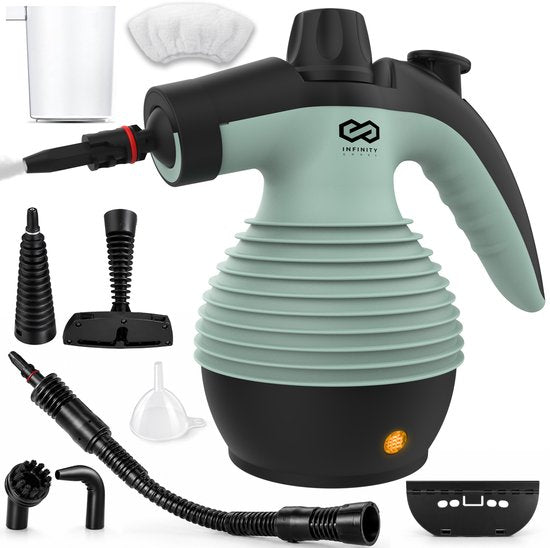Infinity Goods Stoomreiniger - 12-in-1 Handstoomreiniger - Handstomer - Vlekkenreiniger - Tapijtreiniger - 10 Opzetstukken - 1050 Watt - 3.2 Bar - Groen