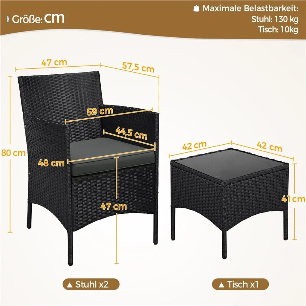 Yaheetech Tuinset 3-Delig - Rattan - Balkonset - Stoelen - Tafel Zwart/Grijs