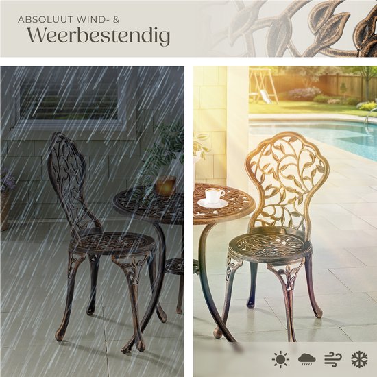 tectake® 2-Persoons Bistroset - Vintage Bistrotafel met 2 Bistrostoeltjes - Aluminium Bistro Set voor Tuin, Terras of Balkon - Weerbestendig - Bronskleurig