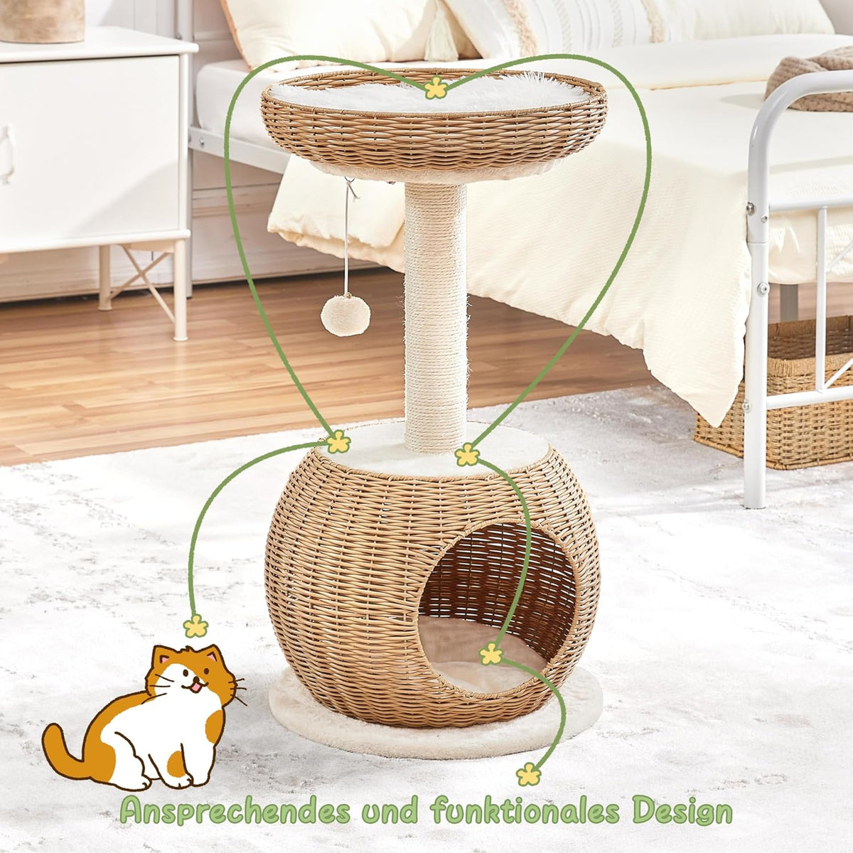 Yaheetech Kattenkrabpaal met Mand en Kattenhuis – 75 cm – Beige – Compact en Stevig Design