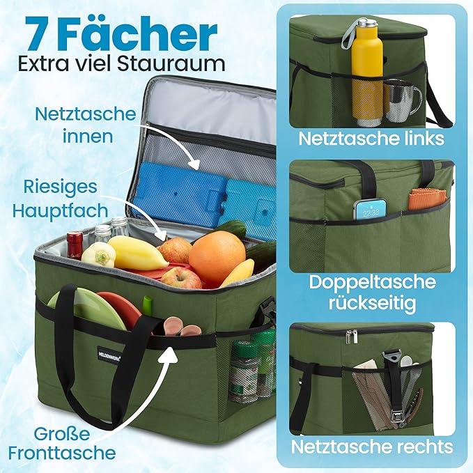 HELDENWERK grote opvouwbare koeltas – koelbox met tot 12 uur koelvermogen, lekvrij en waterdicht – thermotas, picknicktas, lunchtas, geïsoleerde tas met 7 compartimenten – verstevigde bodem