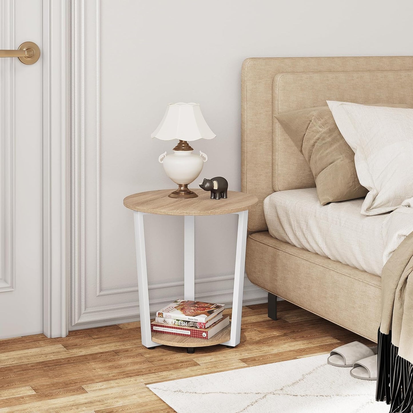 Woltu ronde salontafel - 50x50x53 cm - licht eiken – bijzettafel met 2 legplanken en opbergruimte