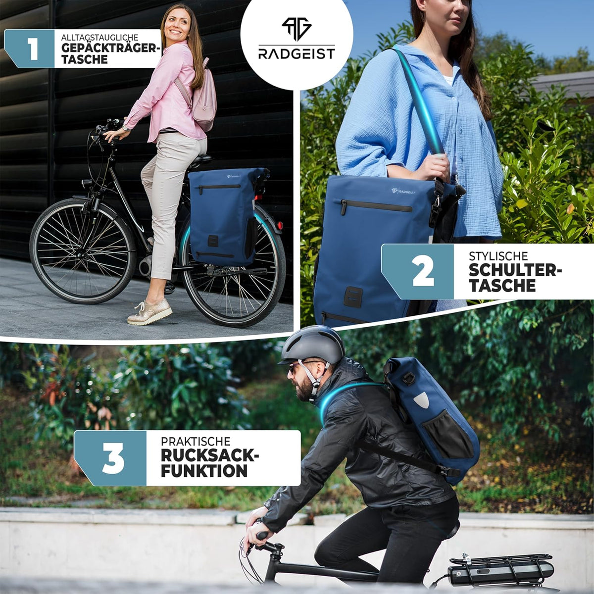 RADGEIST 3in1 fietstas voor bagagedrager I fietstas, rugzak & schoudertas 18-22L I tas voor fiets 100% waterdicht Blauw