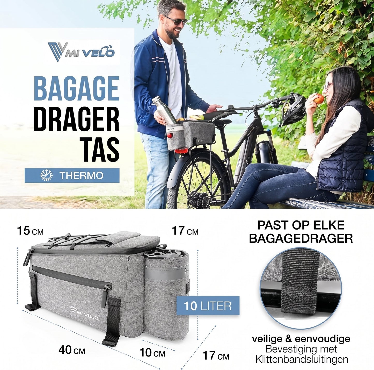 MIVELO Fietskoeltas 10L – Geïsoleerde Bagagedragertas – Waterafstotend – Grijs