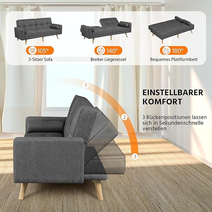 Yaheetech Slaapbank Donkergrijs – 3-in-1 Vouwbank met Verstelbare Rugleuning – Ligoppervlak 163 x 106 cm