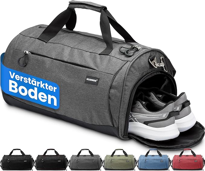Heldenwerk Sporttas met schoenenvak en nat vak, trainingstas voor dames en heren, ideaal als reistas, fitnesstas, trainingstas of sporttas, grijs, Sporttas met schouderriem