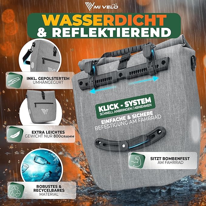 MIVELO Fietstas – Waterdicht & Incl. Schouderband & Laptopvak – 20 liter – Grijs