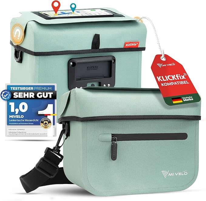 MIVELO - Stuurstas Klickfix Compatibel - 100% Waterdicht & Afneembaar Telefoonvak - Polyester - Mint