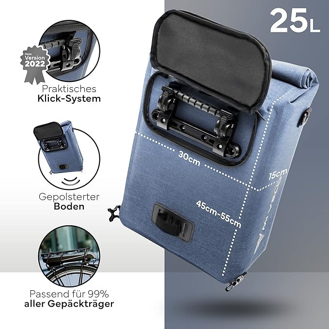 MIVELO - Fietstas Voor Bagagedrager - 3-in-1 - 25 liter Inhoud - Jeansblauw & Waterbestendig Polyester - Reflecterende Details - Voor Dagelijks Gebruik