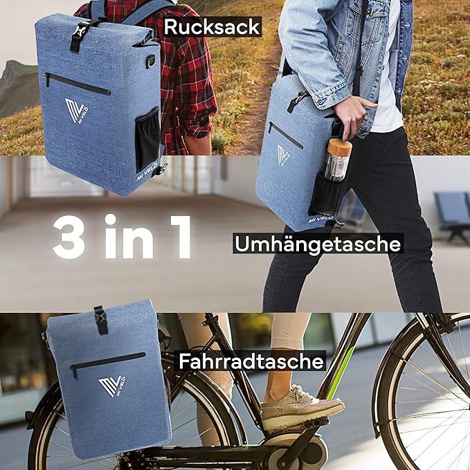 MIVELO - Fietstas Voor Bagagedrager - 3-in-1 - 25 liter Inhoud - Jeansblauw & Waterbestendig Polyester - Reflecterende Details - Voor Dagelijks Gebruik