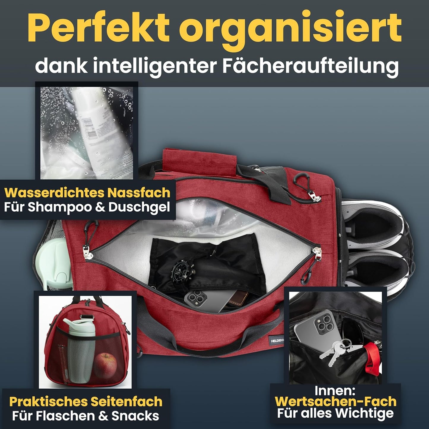 HELDENWERK Sports Bag – Sporttas Met Schoenenvak & Waterdicht Natvak – Trainings- en Reistas voor Dames & Heren – Fitness, Travel & Weekend Bag – 50L – Rosé