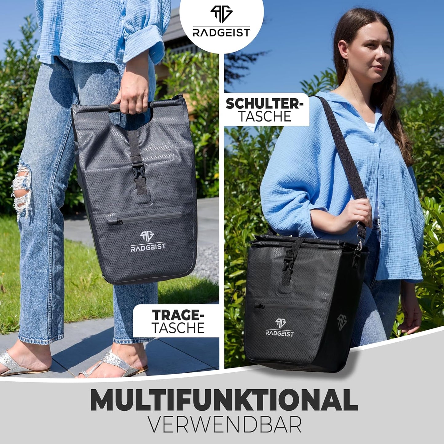 RADGEIST fietstas voor bagagedrager I fietstas shopper met uitneembare koeltas I boodschappentas & boodschappendraagtas 22-28 liter - zwart