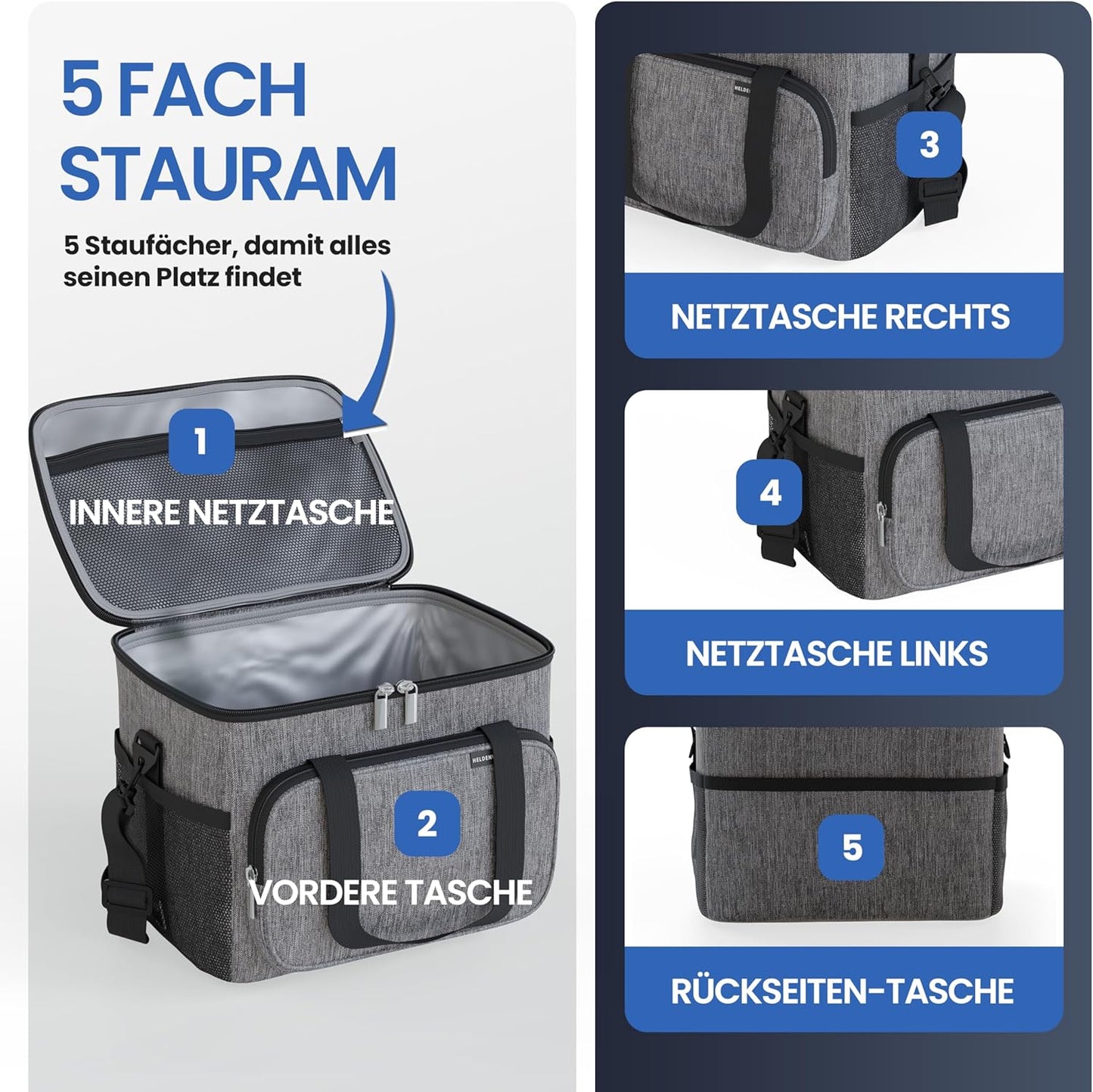 HELDENWERK Opvouwbare Koeltas 20L – Geïsoleerde Koelbox – Lekvrij & Waterdicht – Thermische Picknick- en Lunchtas - Donkergrijs