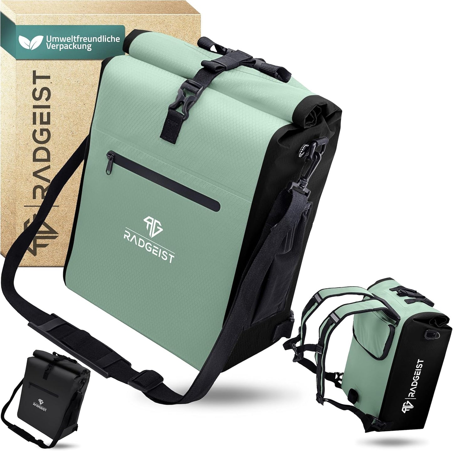 RADGEIST 3in1 fietstas voor bagagedrager - fietsrugzak - draagtas - schoudertas - met laptopvak - waterdicht - 25L - Mint