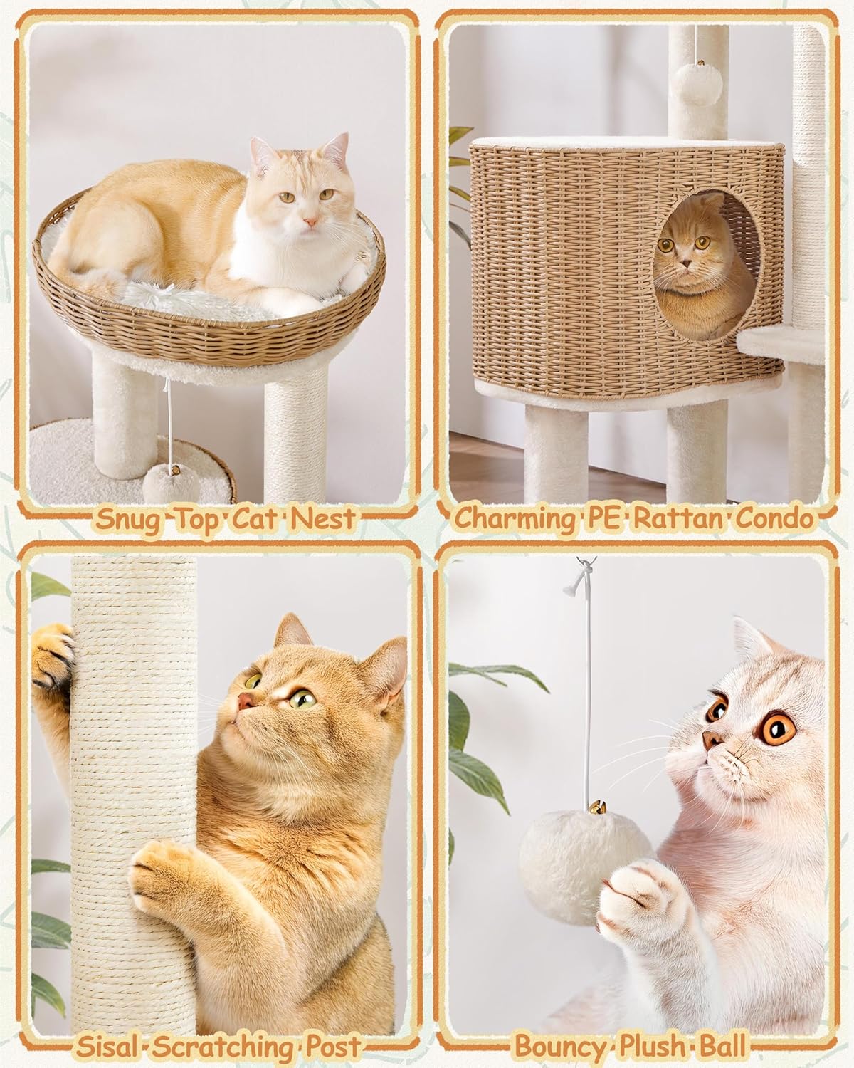 Yaheetech Krabpaal Met Rotan Kattenhuis – 49 x 41 x 91 cm – Voorzien Van Luxe Kattenmand En Sisal Krabpalen En Zachte Uitneembare Matten – Voor Kittens En Volwassen Katten – Beige Rotan En Pluche