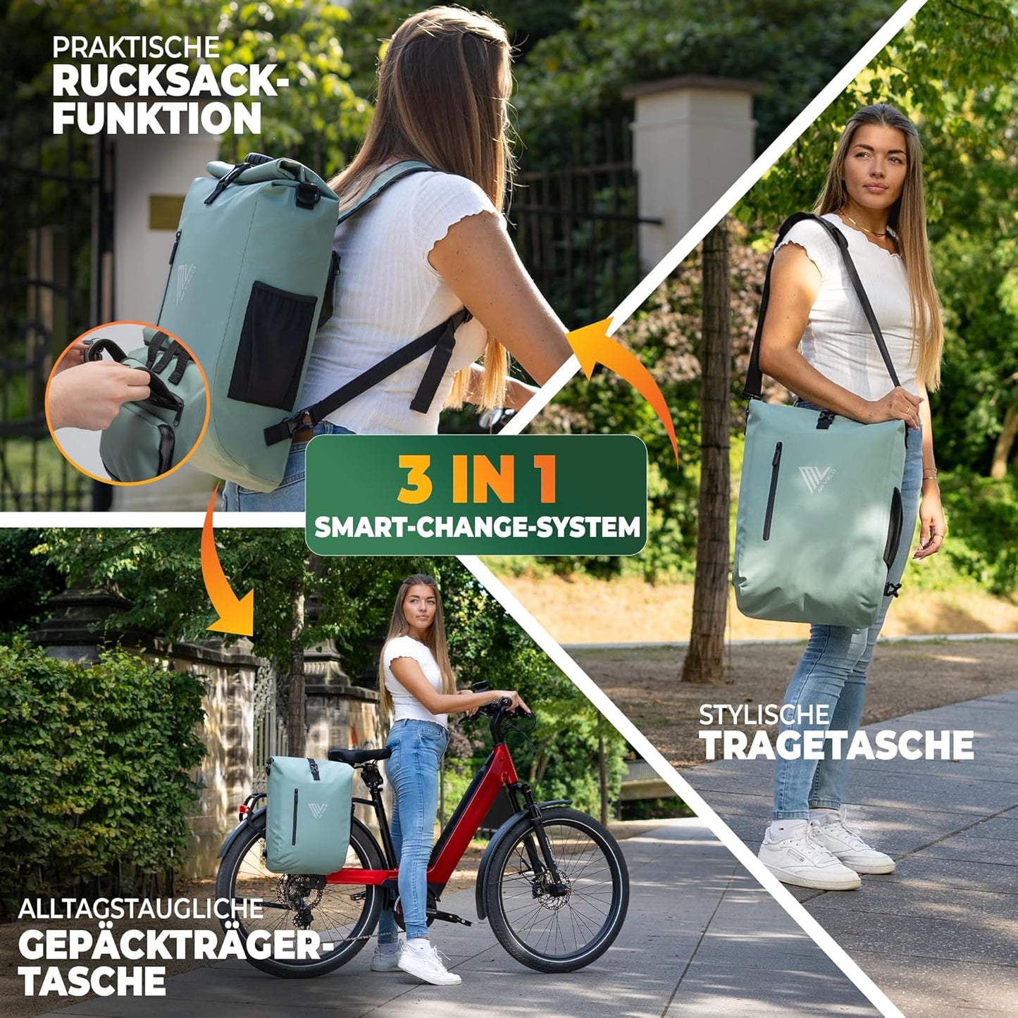 MIVELO - 3-in-1 Waterdichte Fietstas met Laptopvak - PVC-vrij - Mint - 20L