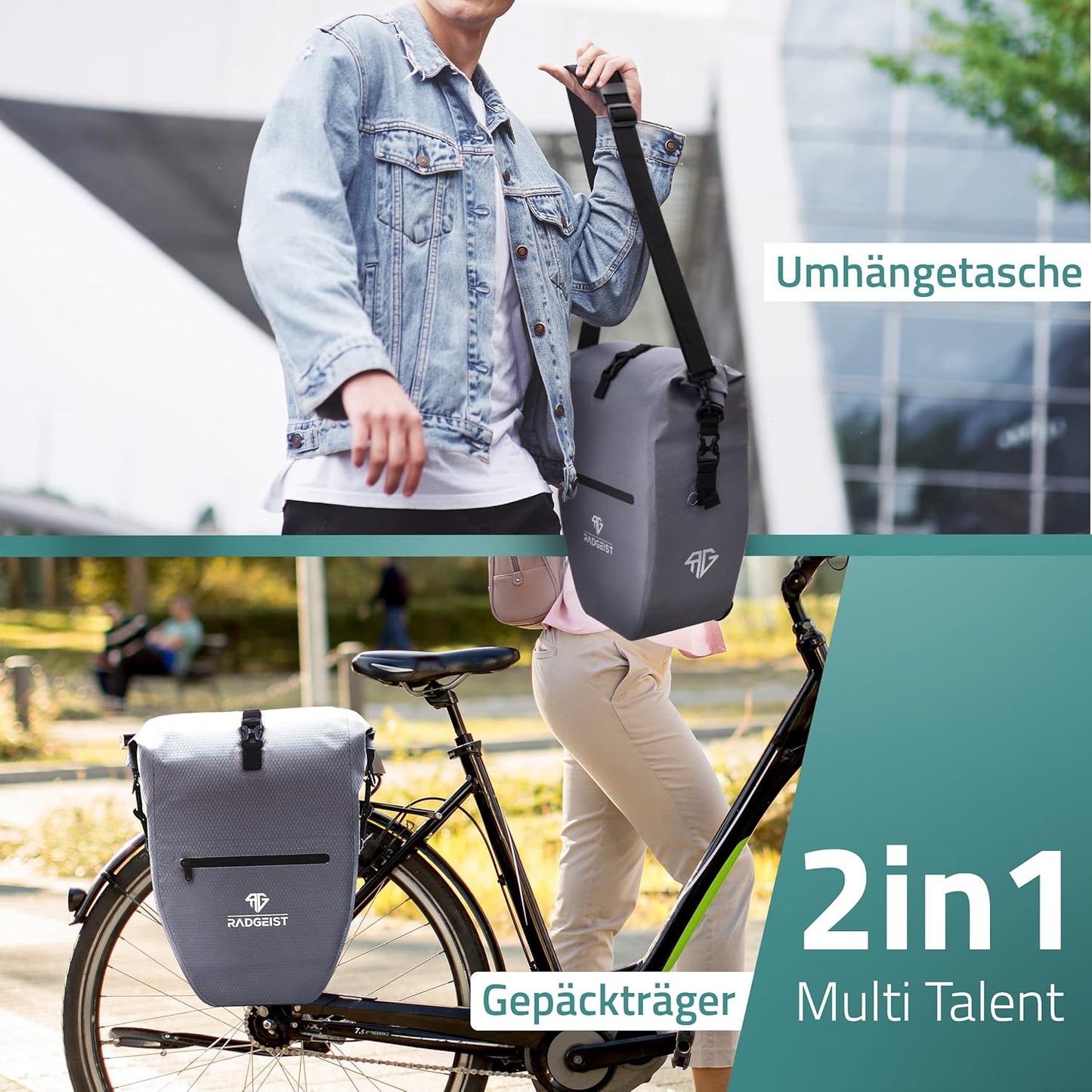 RADGEIST fietstas voor bagagedrager set - 2X tas voor fietsbagagedrager - bagagedraagtas waterdicht & schoudertas - fietstas met reflectoren