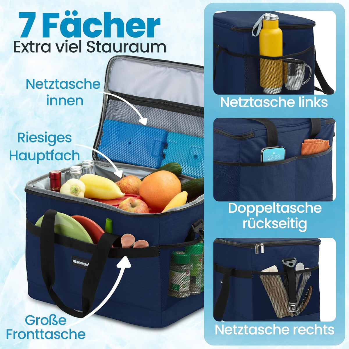 Heldenwerk Koeltas - 30L - 12 uur - 7 compartimenten - Navy blue