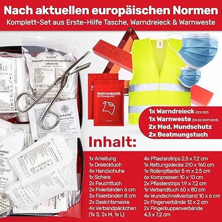 Auto combitas (3 in 1) volgens de huidige norm 2026 - incl. gevarendriehoek, veiligheidsvest - verbanddoos gevarendriehoek set verbanddoos auto DIN 13164:2022 (conform het Duitse verkeer)