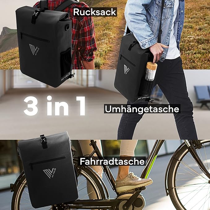 MIVELO 3-in-1 Fietstas – Bagagedragertas, Rugzak & Schoudertas – 25L – Waterdicht & PVC-vrij – Afneembare Laptoptas – Zwart
